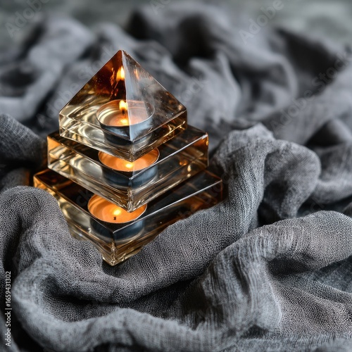Three amber glass pyramids, each holding a lit candle, rest on gray fabric