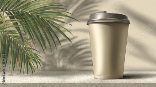 Beige coffee cup on a light surface with palm leaves casting shadows