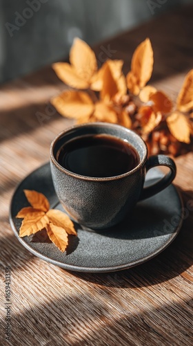 A cup of coffee sits on a wooden table, bathed in sunlight, with autumn leaves nearby