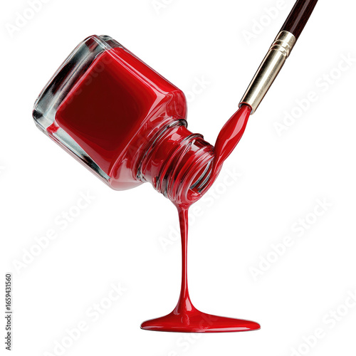 Red nail polish pouring from a bottle.  A glossy red liquid pours downwards from a clear glass bottle, forming a stylized drip. A paintbrush handle is visible above