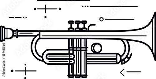 A continuous single line forms a minimalist drawing of a trumpet, exemplifying modern illustration of a classical jazz music instrument