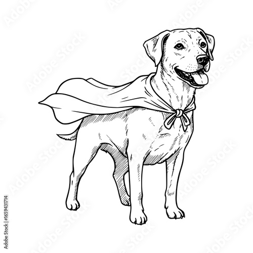 Dog wearing a superhero cape standing proudly with a happy expression, isolated vector image on transparent background, pencil drawing  