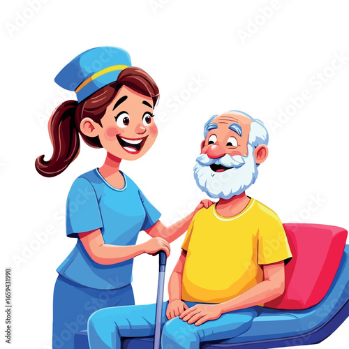 Vsai nurse assisting happy elderly man with walking cane