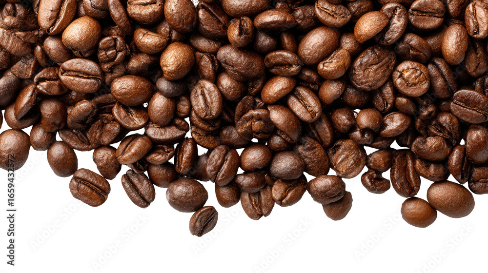Naklejka premium Freshly Roasted Coffee on White: A flat lay of freshly roasted coffee beans with rich brown color, isolated on a Transparent background, PNG file.