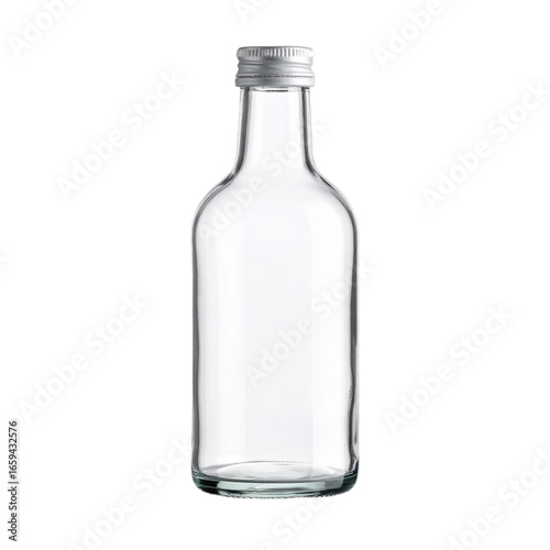 Wallpaper Mural A clear, empty glass bottle with a silver metal screw cap, featuring a smooth cylindrical shape and rounded shoulders, suitable for storing liquids Torontodigital.ca