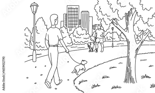 Minimalist Line Drawing of People Walking Dogs in a City Park with Trees and Buildings