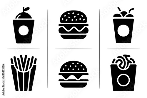 Black and white icons of fast food items: burgers, fries, and drinks