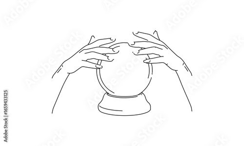 Minimalist Line Drawing of Hands Holding a Crystal Ball – Black and White Mystical Fortune Telling Illustration