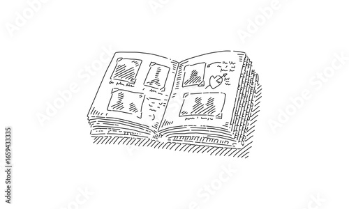 Line Art Sketch of an Open Photo Album with Memories and Notes