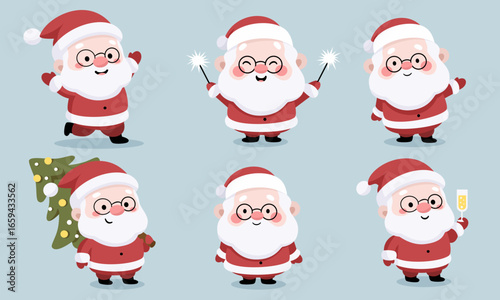 A set of flat vector Christmas illustrations. Cute Santa Clauses in different poses. Vector illustration