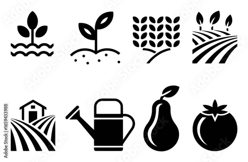 Collection of Agricultural Icons: Farming, Plants, Produce, and Tools