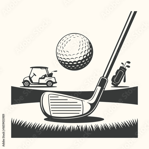 A golfer's white ball, club, and tee are ready on the green grass of a golf course
