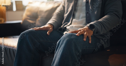 Canvas Print Hands, nervous and therapy with person on sofa in office for consulting or counselling appointment