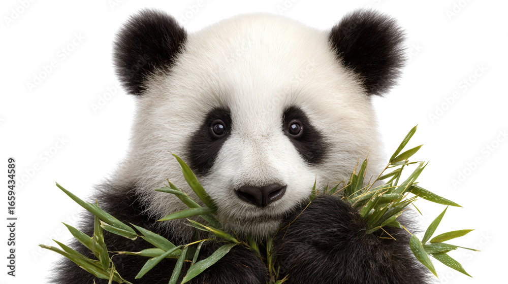 Obraz premium Giant Panda Eating Bamboo: A giant panda munching on bamboo in its natural habitat, isolated on a Transparent background, PNG file.