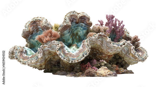 Giant Clams on the Reef: Giant clams resting on the coral reef, isolated on a Transparent background, PNG file.