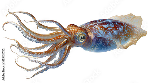 Giant Squid in the Ocean: A giant squid swimming deep in the ocean, isolated on a Transparent background, PNG file.