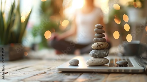 Tranquil workspace with pebble stack