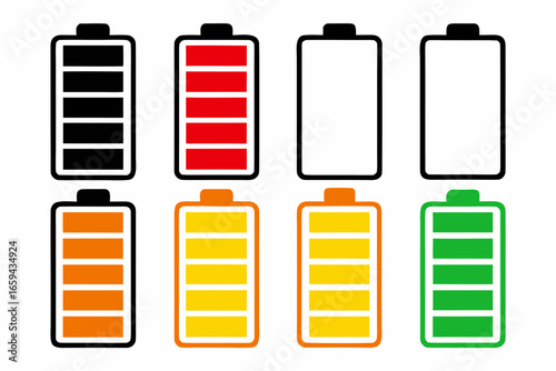 Battery level indicators in different colors and states of charge