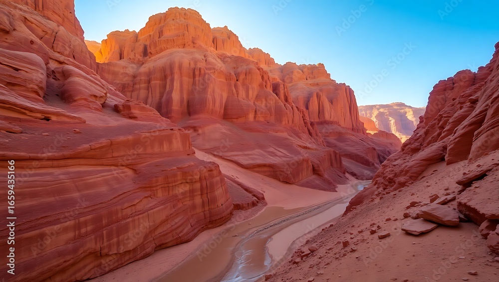 Fototapeta premium Dramatic red sandstone canyon with a winding dry riverbed under a bright blue sky