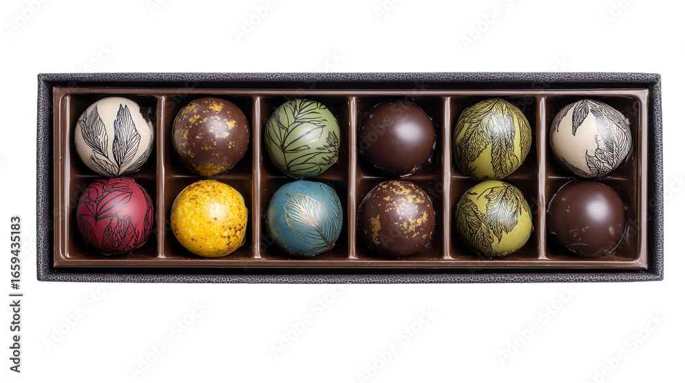 Obraz premium Gourmet Chocolate Boxes: A flat lay of gourmet chocolate boxes with beautifully wrapped truffles, isolated on a Transparent background, PNG file.