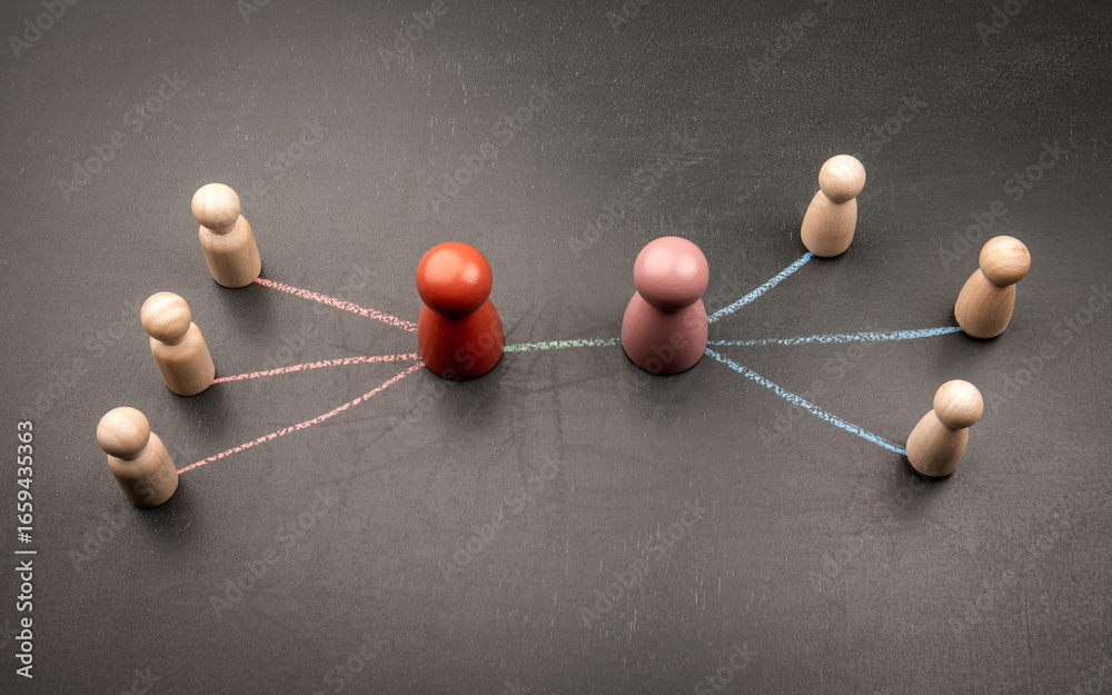 Obraz premium Illustration of two group leaders forming connections with their teams using chalk arrows, representing collaboration, influence, and social dynamics