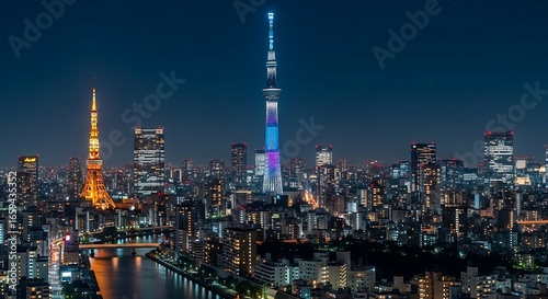 Tokyo's Illuminated Skyline Tokyo Tower and Skytree at Night
