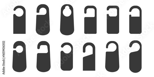 Door hanger do not disturb template. Hotel tag silhouette, set sign, blank. Die empty label hanger on door hotel room. Cardboard signs isolated on white background