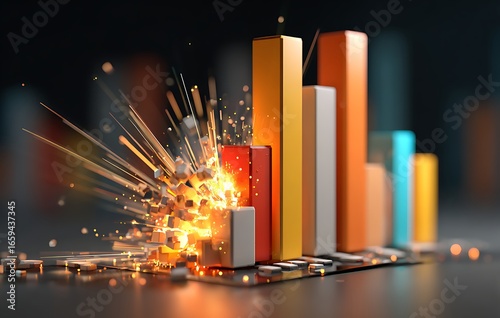 Abstract 3D Bar Graph Exploding with Bright Sparks and Vivid Colors
