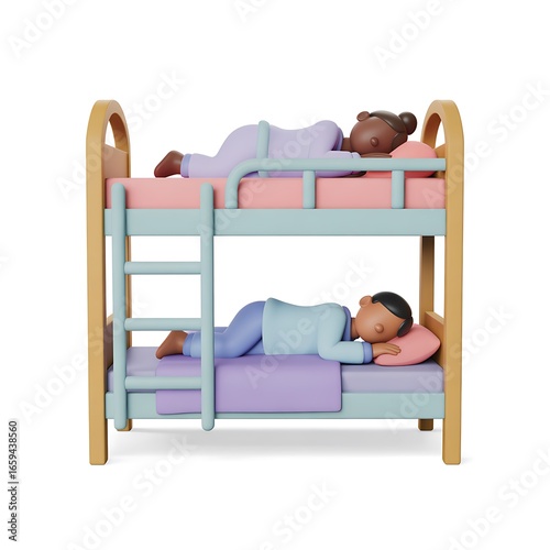 Cute Kids Sleeping on Bunk Bed ,Adorable Bedtime Scene in 3D Cartoon Style
