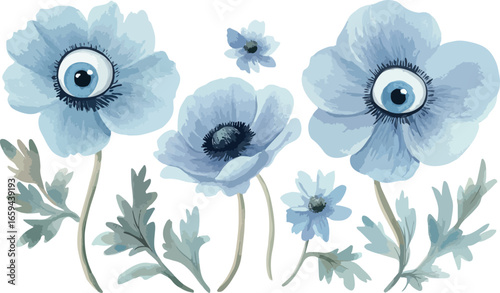 Whimsical watercolor blue anemone flowers with eerie eyeball centers on white background