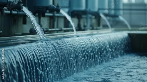 Water treatment plant clean water flows over filtration system industrial facility, modern purification process, clean water flows from pipes into