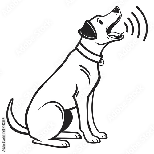 Alert dog sitting and barking with sound waves emanating from its mouth