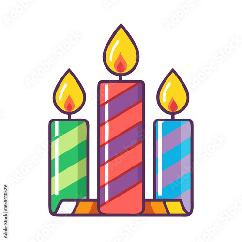Three colorful striped candles in flat cartoon style