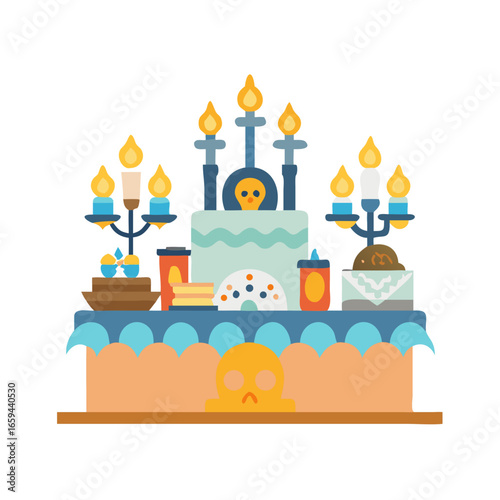 Colorful altar with candles and food for Día de Muertos