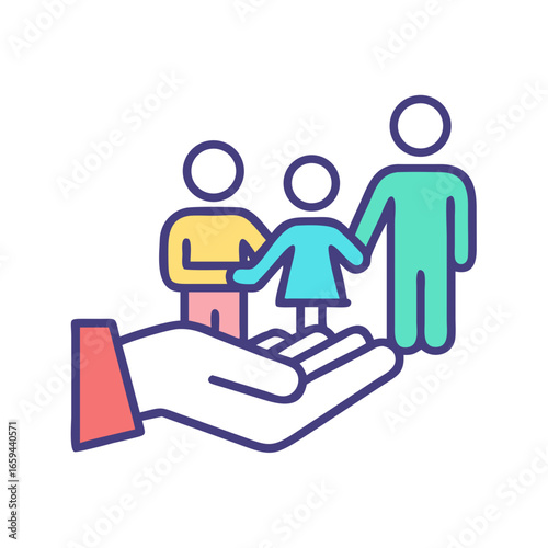 Hand holding family figures in flat colorful icon style