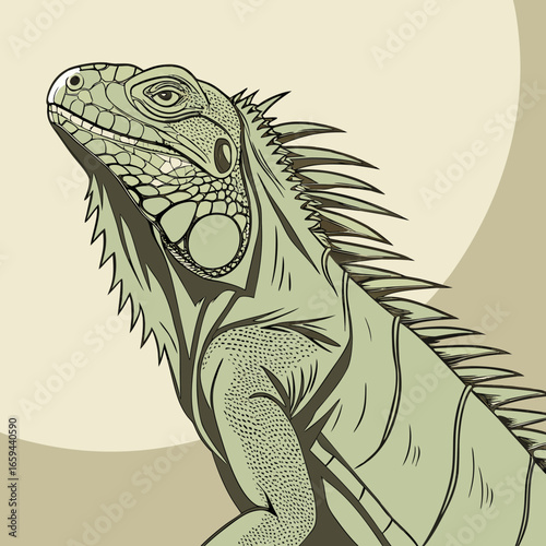 Detailed illustration of a green iguana with a crest of spines against a muted background