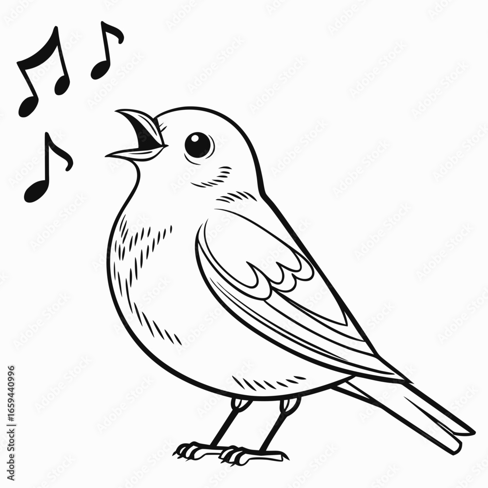 Fototapeta premium A cheerful black and white illustration of a bird singing with musical notes floating in the air