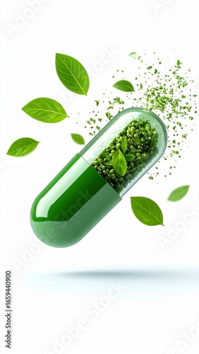 Green capsule with herbal contents floating among green leaves in a bright setting