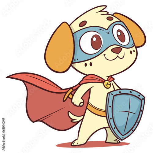 Cute cartoon puppy dog superhero wearing a cape and mask holding a shield