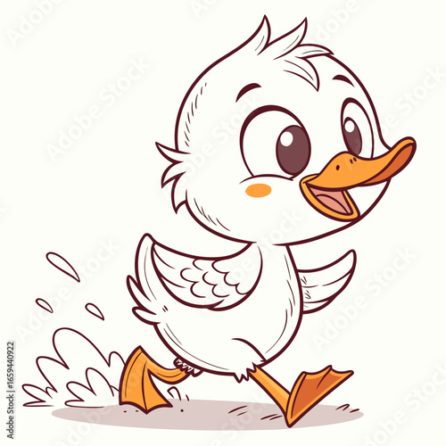 Happy cartoon duckling running with splashing water and excited expression