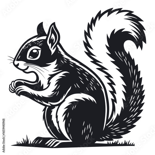 Stylized black and white illustration of a squirrel holding a nut in its paws