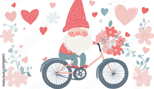Whimsical valentine gnome riding a bicycle laden with a bouquet of flowers and hearts