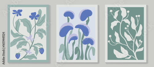 Abstract botanical poster vector set. Leaves, flower, strawberry, carnivorous flower, earth tone colors, leaf branch. Illustration design for Eco packaging, interior, cover, wall art, wallpaper.