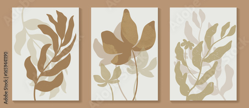 Abstract botanical poster vector set. Leaves, flower with watercolor and grain texture in earth tone colors. Illustration design for Eco packaging, interior, cover, wall art, wallpaper.