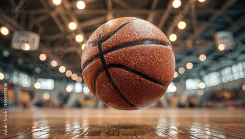 Basketball floats over polished hardwood court