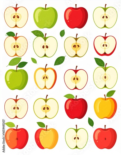 Colorful display of apples showcasing various types and cross sections in a grid arrangement