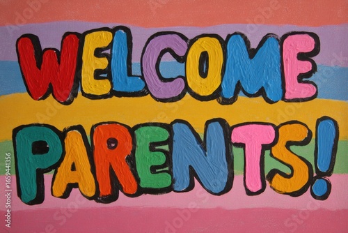 Colorful welcome sign for parents with vibrant stripes in the background at an event