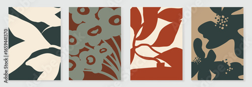 Abstract botanical poster vector set. Leaves, flower with watercolor and grain texture in earth tone colors. Illustration design for Eco packaging, interior, cover, wall art, wallpaper.