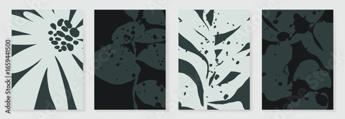 Abstract botanical poster vector set. Leaves, flower with watercolor and grain texture in earth tone colors. Illustration design for Eco packaging, interior, cover, wall art, wallpaper.