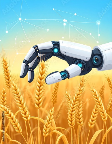 Robotic hand harvesting wheat in a digital agricultural landscape at sunset